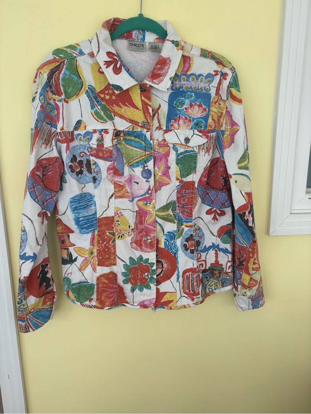 Chico's Multicolor Abstract Button-Up with Red, Blue & Yellow Accents